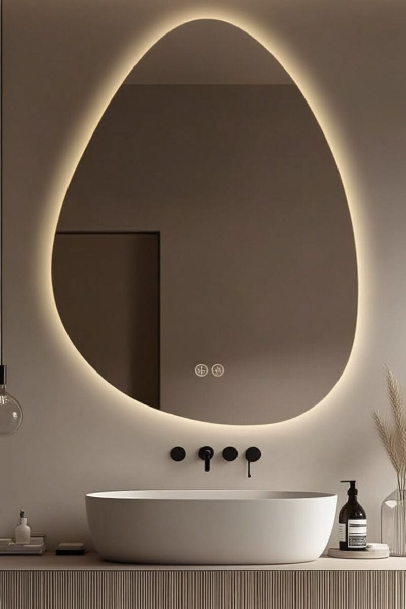 Pebble Backlit — irregular organic-shaped LED mirror with halo glow, made to order by Lume
