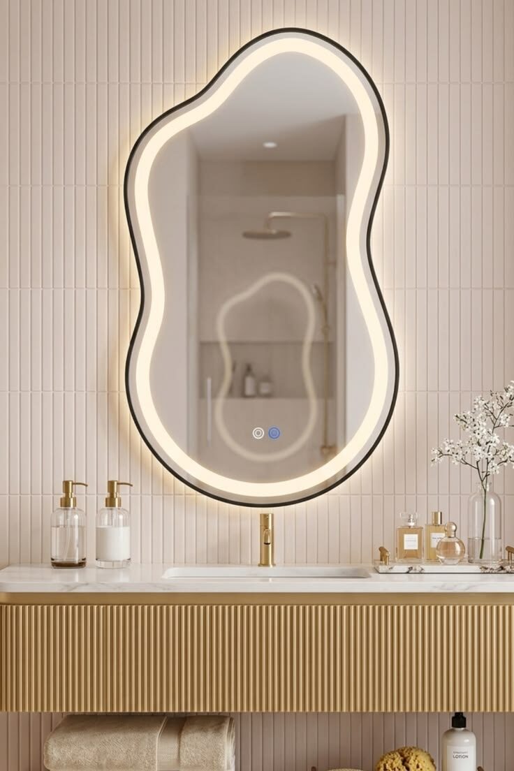 Full-length custom wave-shaped LED mirror glowing against a fluted wall panel