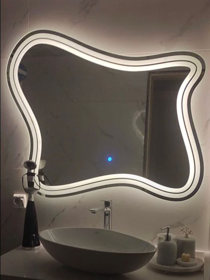 Cloud Tall — irregular organic-shaped LED mirror with halo glow, made to order by Lume