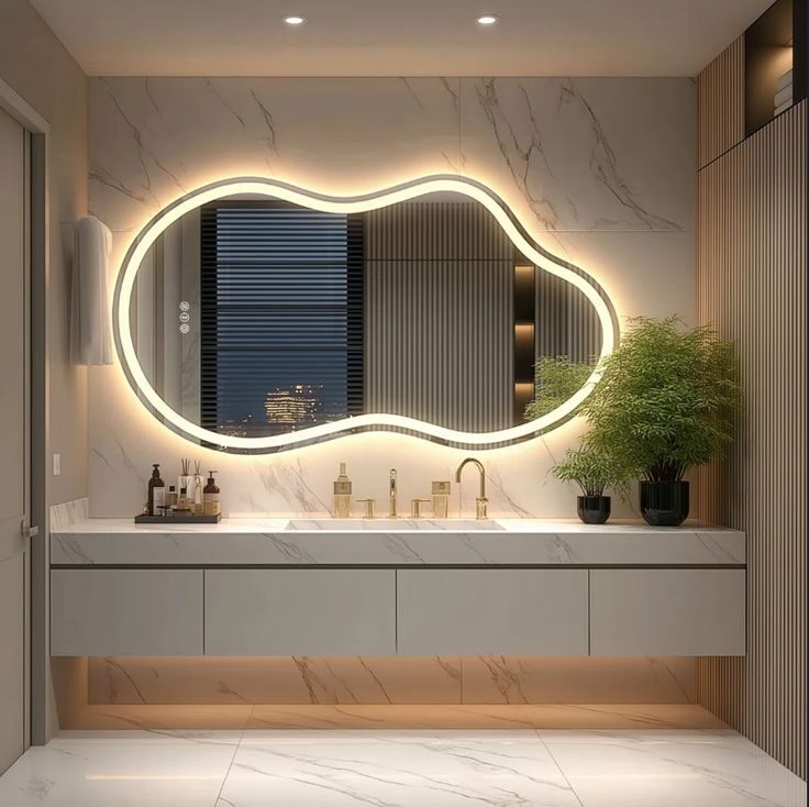 Wave Clock — irregular organic-shaped LED mirror with halo glow, made to order by Lume