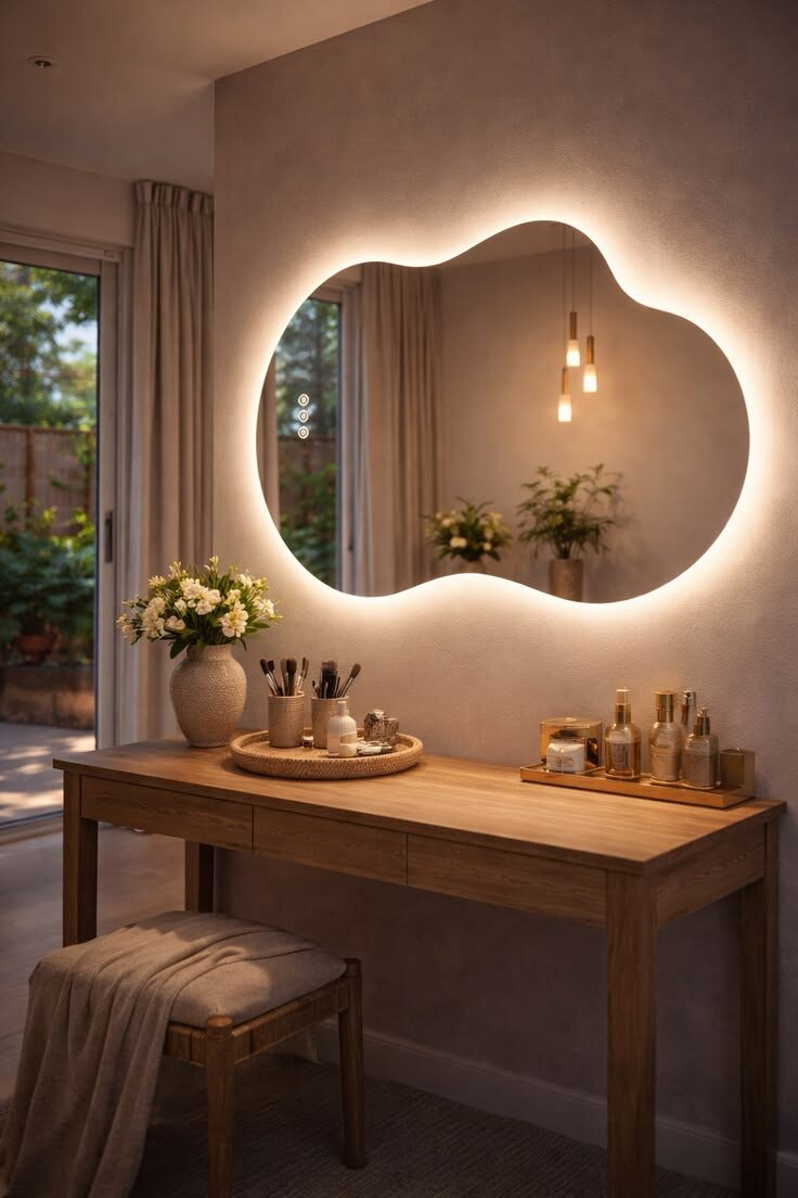 Cloud Warm Marble — irregular organic-shaped LED mirror with halo glow, made to order by Lume