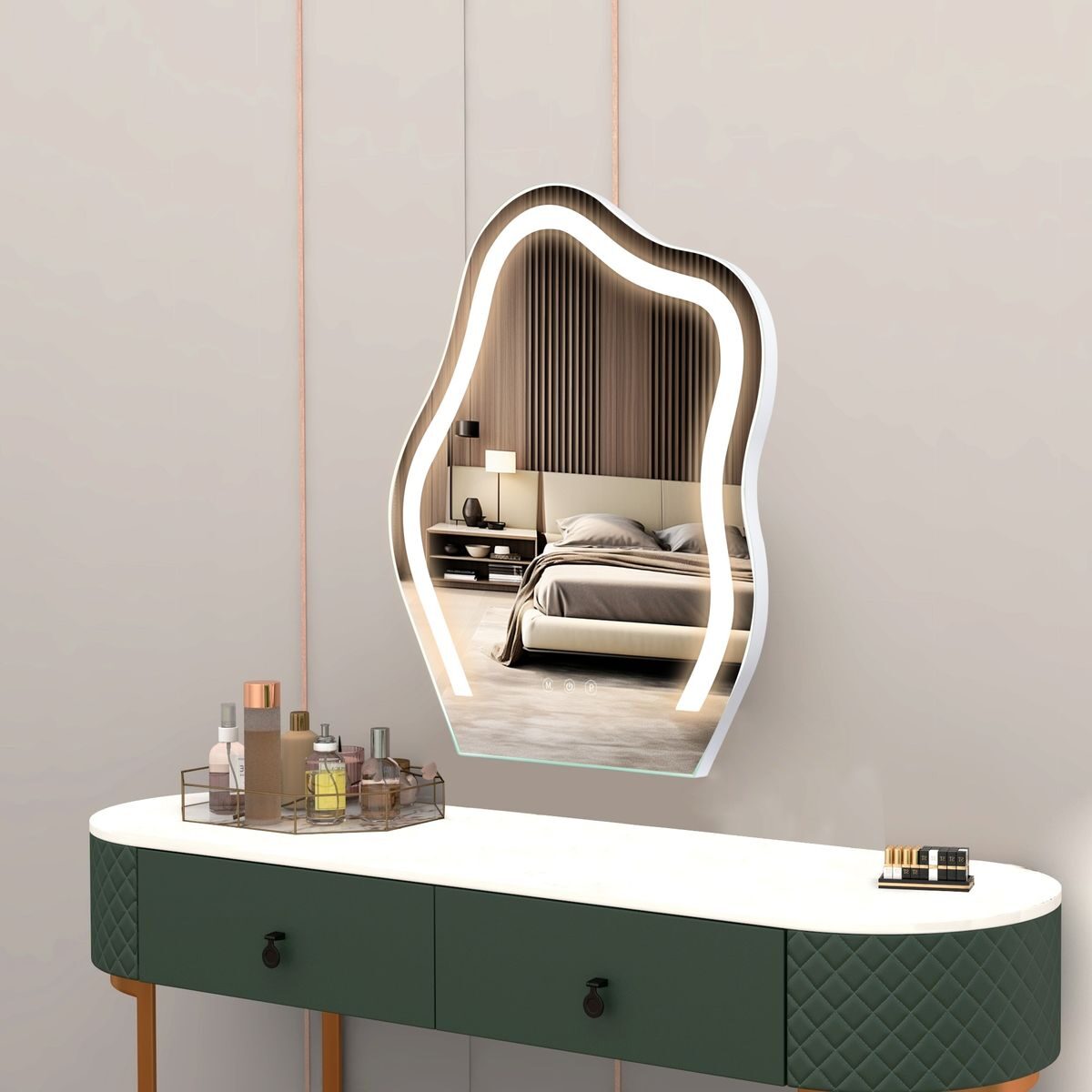 Free-Form Halo — irregular organic-shaped LED mirror with halo glow, made to order by Lume