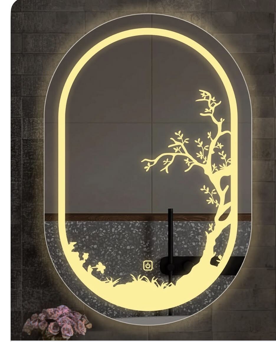Oval capsule LED mirror with warm white border lighting