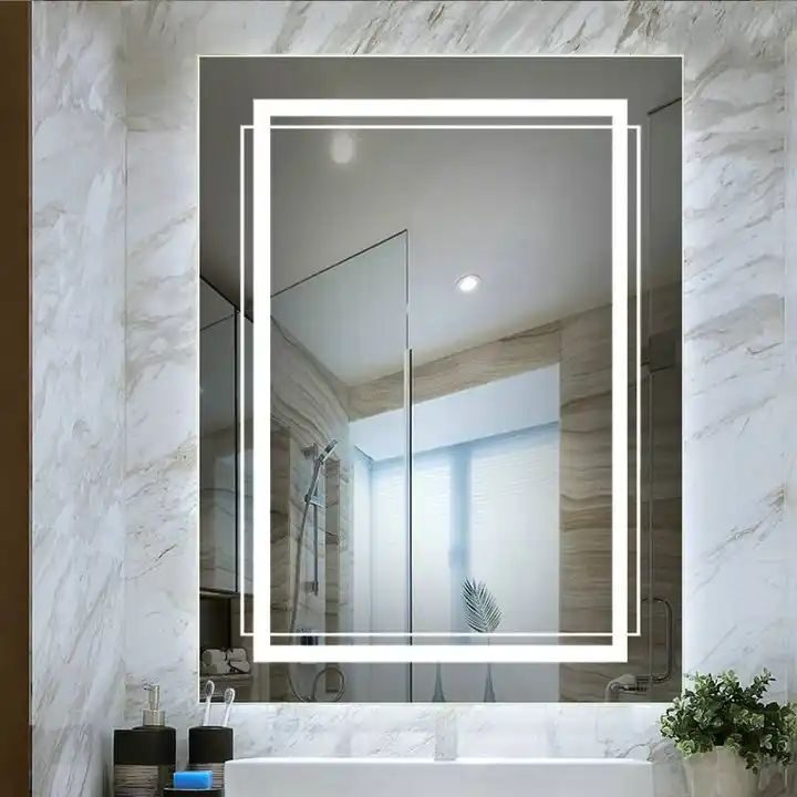 Geometric Etch — rectangular LED mirror with frosted lighting, made to order by Lume