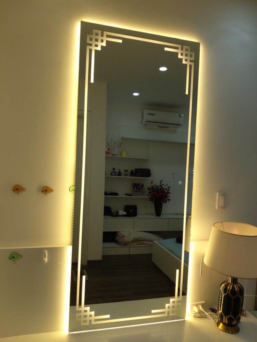 Rectangle LED mirror with double-line frosted border in cool white