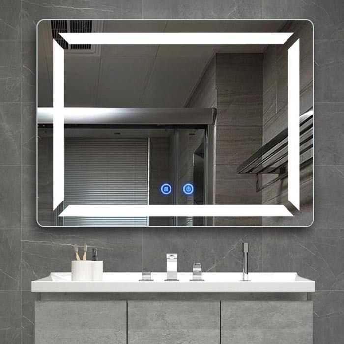Soft-Corner Warm — rectangular LED mirror with frosted lighting, made to order by Lume