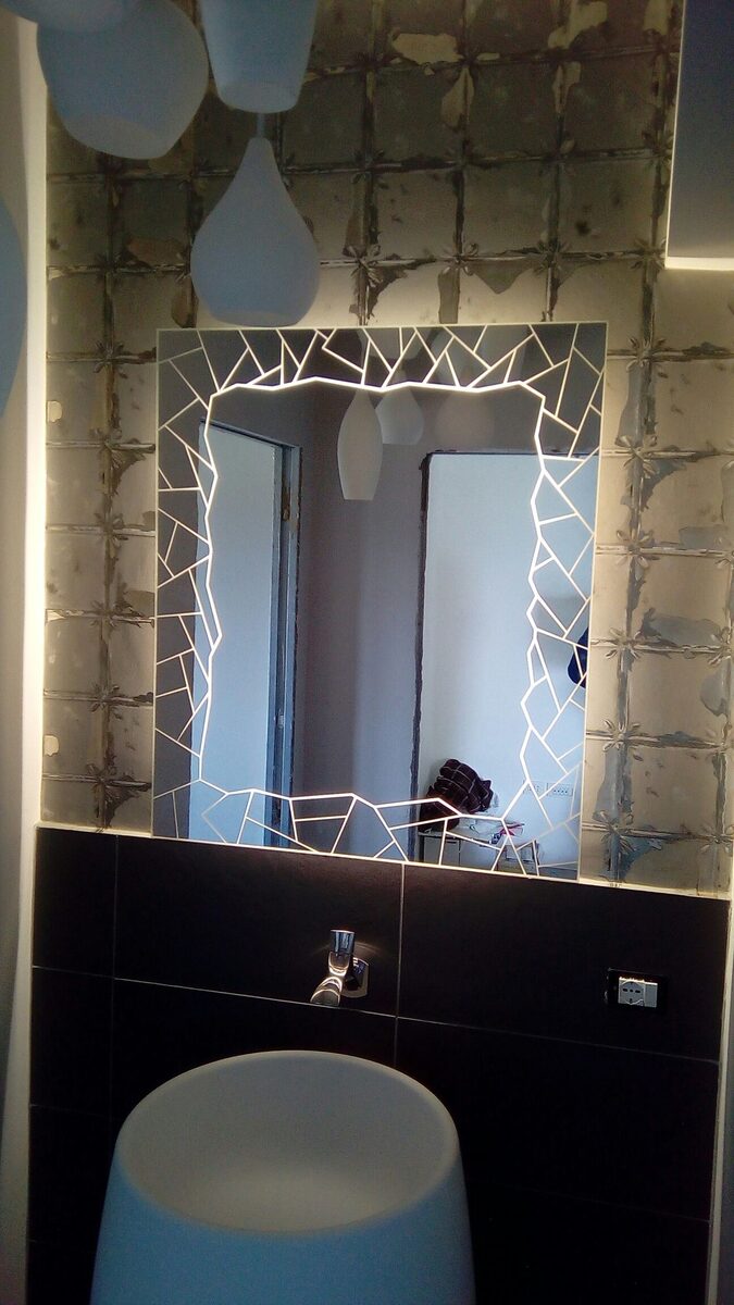 Corner Bracket Cool — rectangular LED mirror with frosted lighting, made to order by Lume