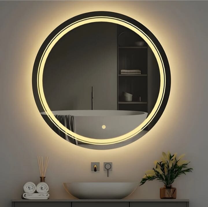 Ring Magnifier — round LED mirror with illuminated frosted ring, made to order by Lume