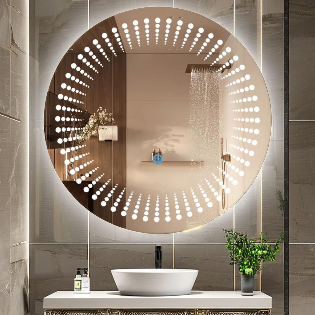 Crescent Arc — round LED mirror with illuminated frosted ring, made to order by Lume