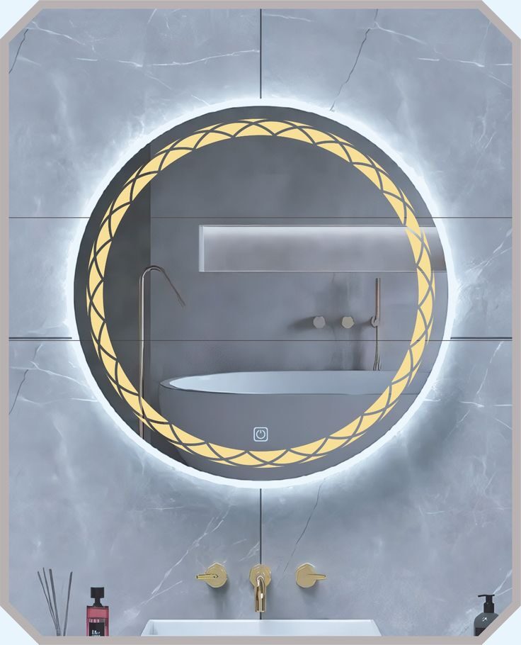 Greek Key Ring — round LED mirror with illuminated frosted ring, made to order by Lume
