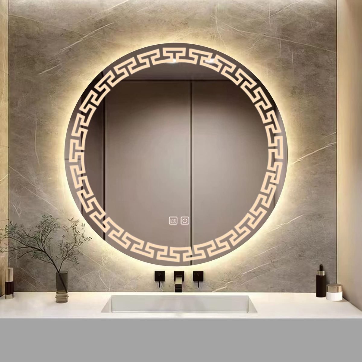 Double Ring Warm — round LED mirror with illuminated frosted ring, made to order by Lume