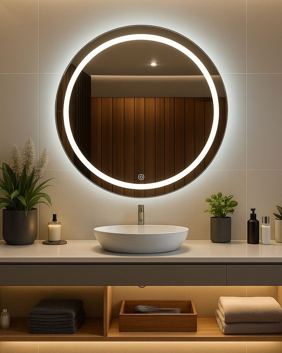Round LED mirror with glowing halo ring above a vanity basin