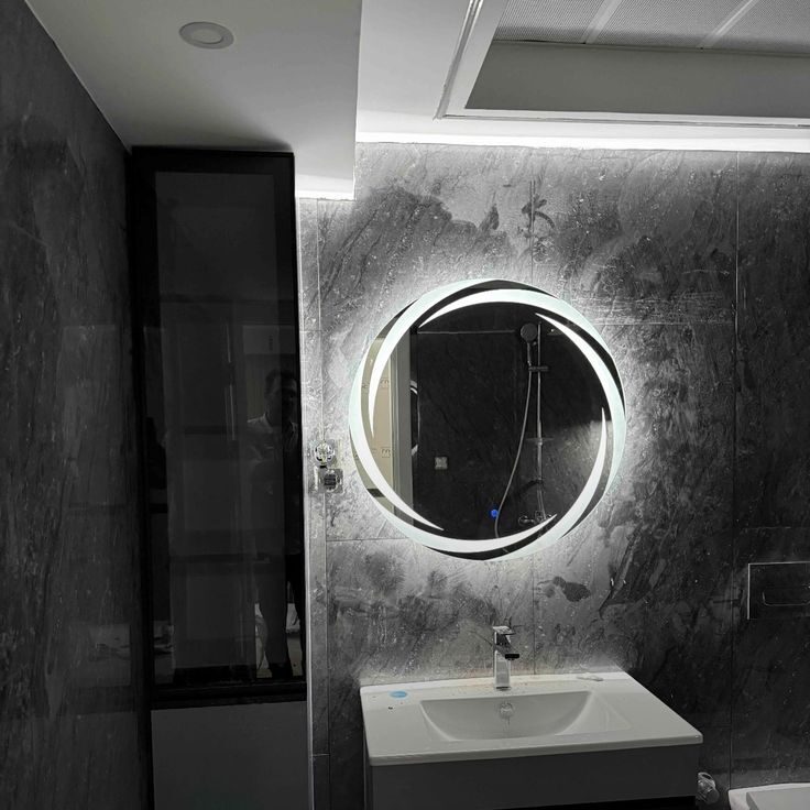 Orbit Ring — round LED mirror with illuminated frosted ring, made to order by Lume