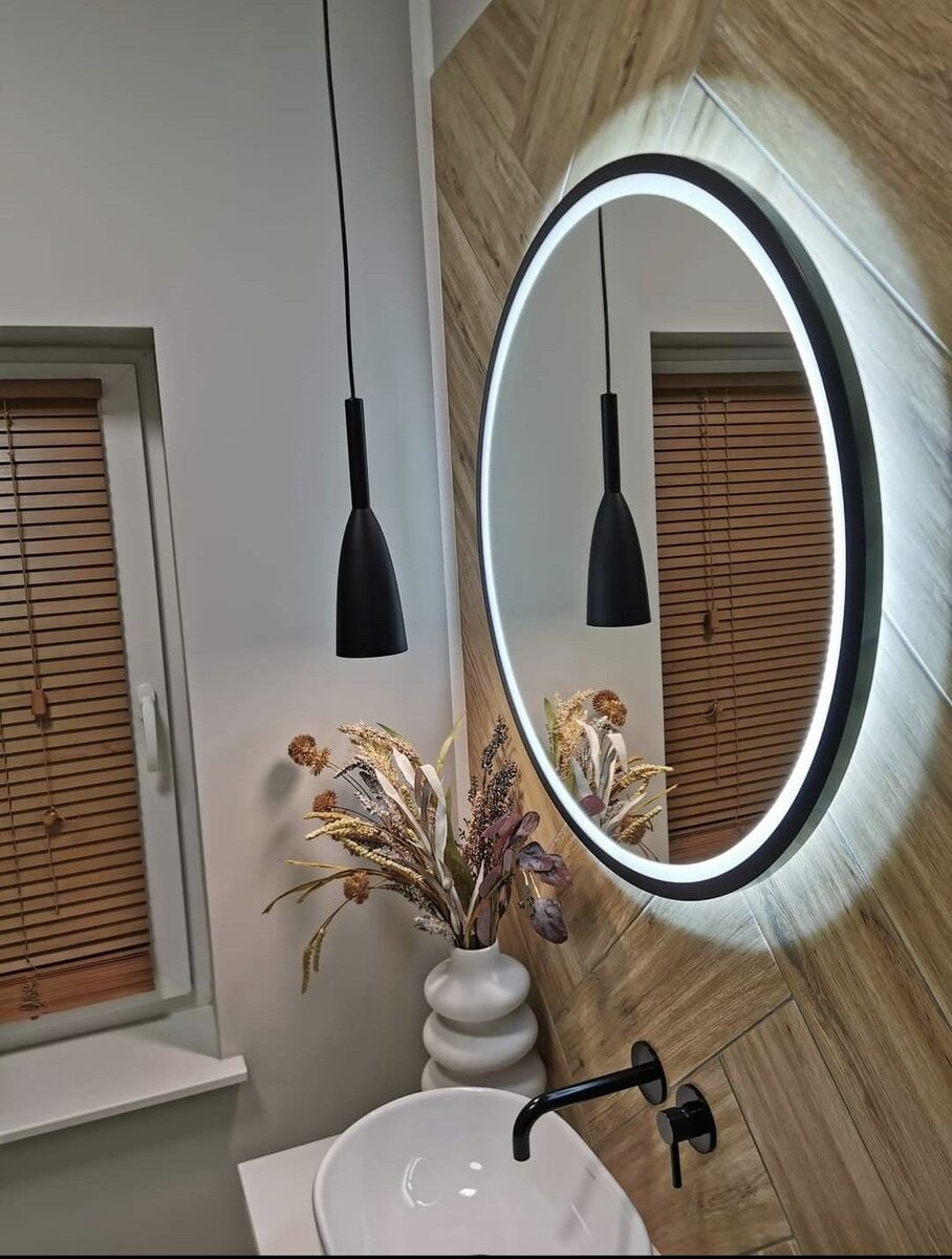 Twin Halo — round LED mirror with illuminated frosted ring, made to order by Lume